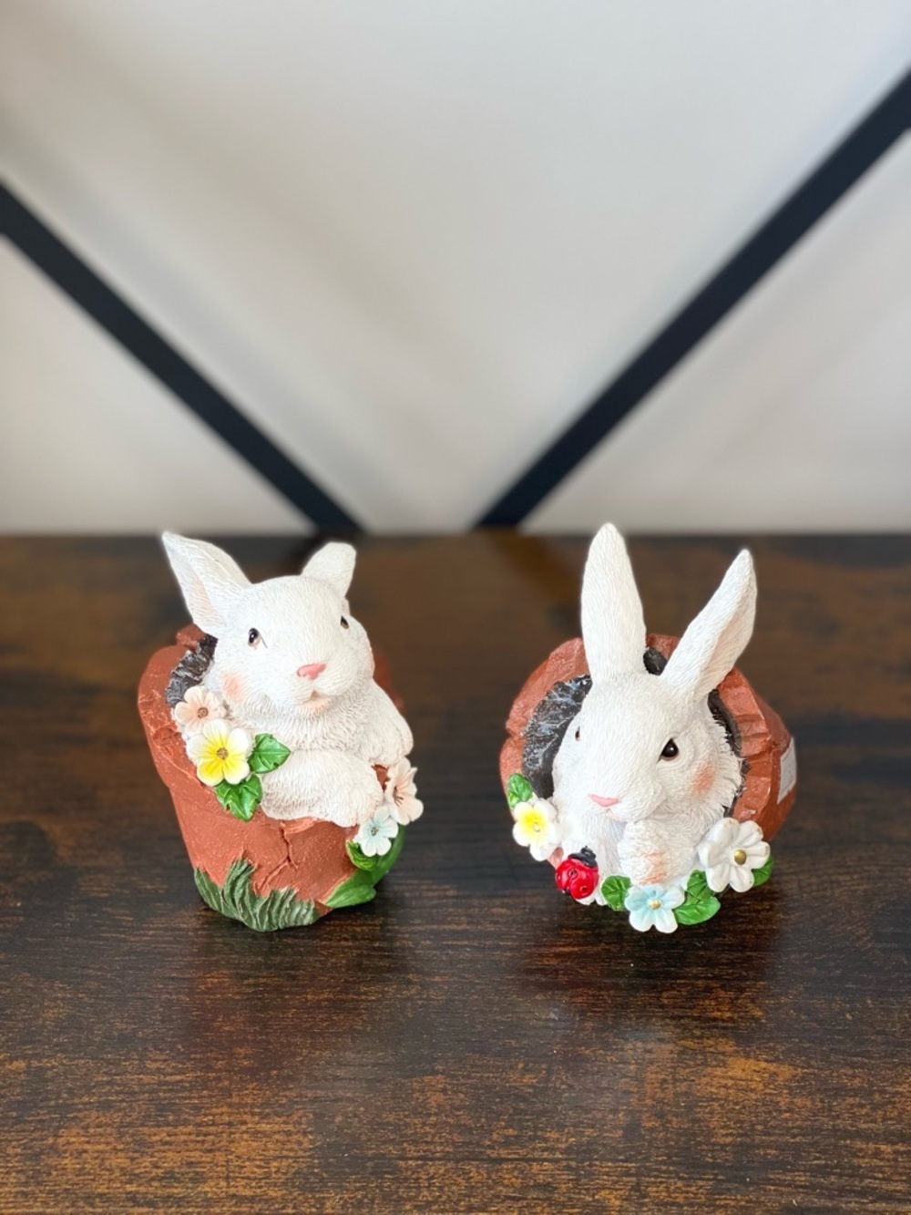 White Bunny Planter Figurines with Floral Accents - Set of 2